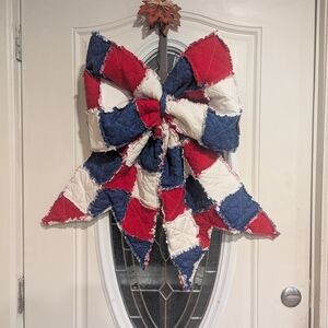 Handmade Patriotic Rag Quilt Door Bow
